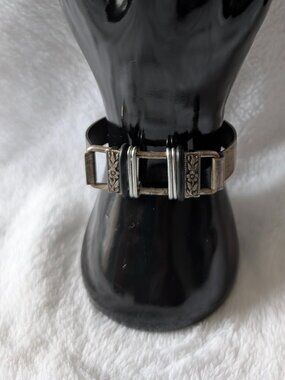 Vintage Industrial Mixed-Media Buckle Cuff - Gunmetal & Floral Engraved